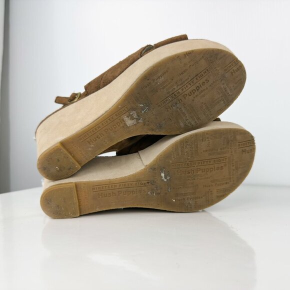 VTG HUSH PUPPIES Sling Back Suede‎ Peep Toes Wedges Platform Brown Sandals 7 M - Picture 8 of 12